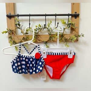 Red and Blue Two-Piece Swimsuit with White Polka Dots!